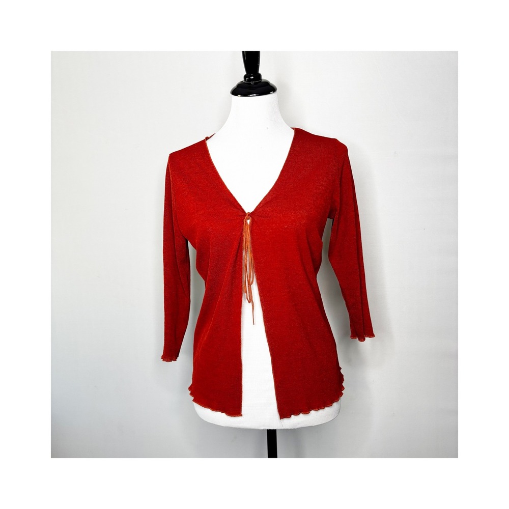 1970s Toto Tie Front Cardigan Size L Red Ruffle Hem Suede Tie Rust Orange